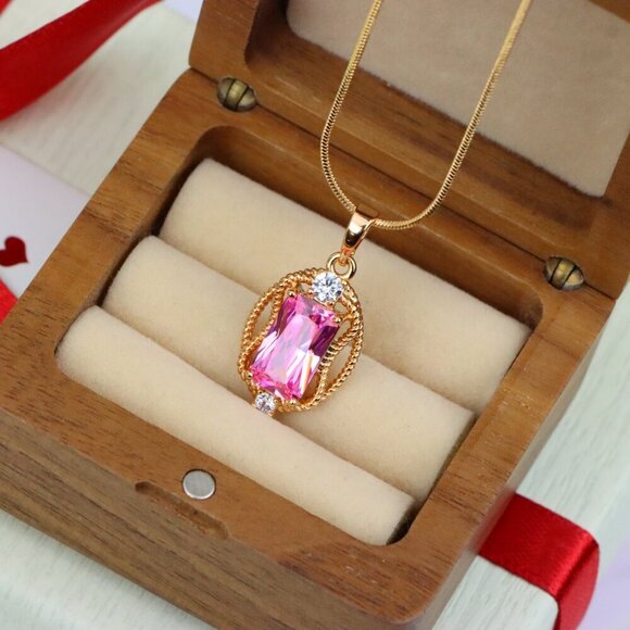 "Pink Rectangle Pendant with Gold Plated Brass and Crystal Accents, XPPT1681 - Picture 4 of 13